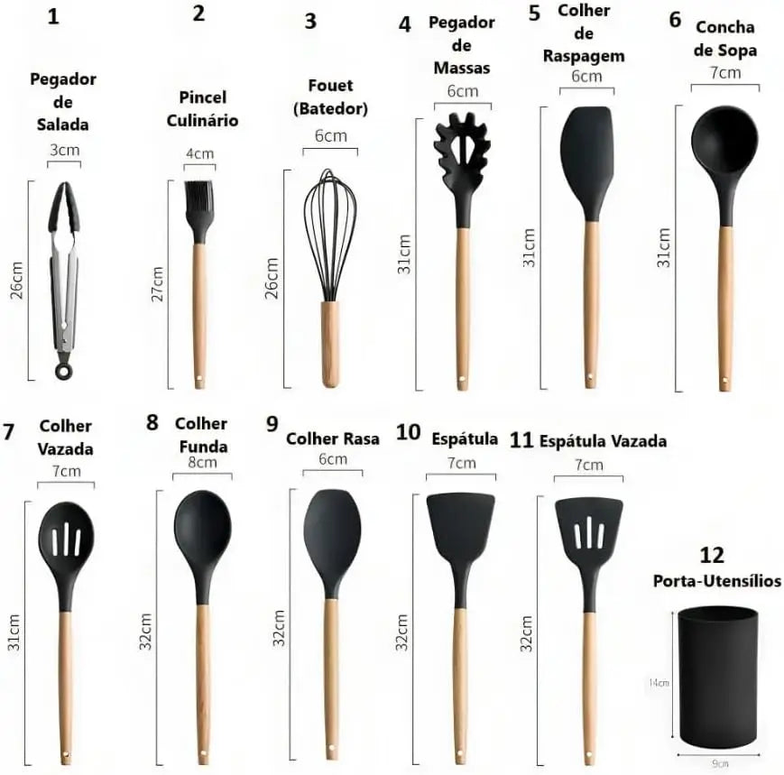 Silicone Kitchen Utensils Kit and Wood Cable-12 Pieces